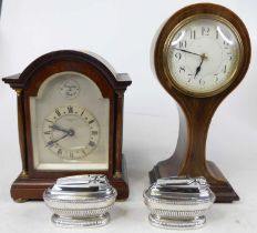 An Edwardian walnut and boxwood strung mantel clock, of balloon shape, the enamel dial having Arabic