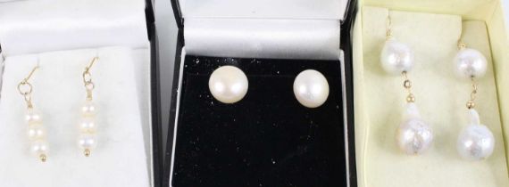 A pair of cultured pearl and gilt metal ear studs; together with a pair of 9ct gold and cultured