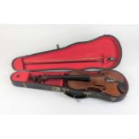 A student's violin having ebony finger board and two-piece maple back, cased, with bow Length of