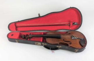 A student's violin having ebony finger board and two-piece maple back, cased, with bow Length of