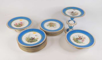 A Victorian porcelain part dessert service, handpainted with birds Two large cake stands, h.13cm and
