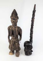 An African carved softwood fertility figure, possibly Benin, h.72cm (a/f); together with an