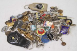 A collection of mainly motoring related pin badges to include Honda, BMW, and Lotus Hethell 40th