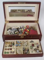 A jewellery box and contents of assorted vintage costume jewellery to include paste set rings, ear