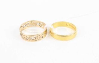 A 22ct gold wedding band, 3.7g, size M; together with a 14ct gold pierced wedding band, 1.6g, size M