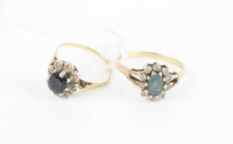 A yellow metal, blue and white sapphire flower head cluster ring, size J; together with one other