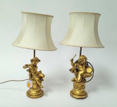 A pair of gilt figural composite table lamps, h.50cm (including shade)