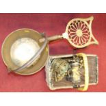 A collection of metalware, to include a Victorian brass jam pan, brass kettle stand, and brass