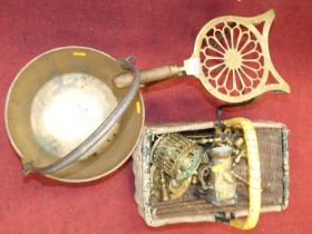 A collection of metalware, to include a Victorian brass jam pan, brass kettle stand, and brass