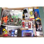 A collection of toys, to include Lone Star plastic soldiers and diecast vehicles