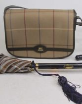 A Ladies Burberry checked handbag with matching card wallet and umbrella (3)