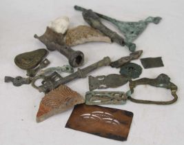 A collection of metal detectorist's finds, to include bronze and pottery