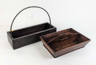 An 18th century elm twin division cutlery tray, width 35cm, together with a carved oak tray