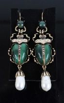 A pair of gilt metal and paste set scarab beetle ear pendants, on shepherd's crook fittings, h.