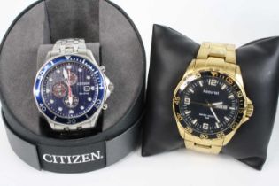 A gent's Accurist gilt metal quartz wristwatch, case dia.47mm, boxed; together with a gent's Citizen