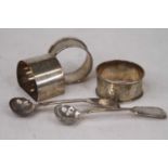 Three silver napkin rings; together with a pair of George IV silver mustard spoons, London 1837,