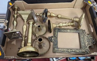 A collection of Victorian and later brassware, to include table candlesticks