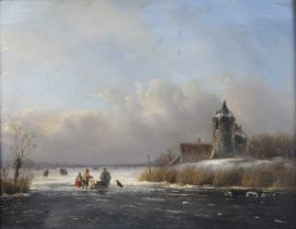 Late 19th century Dutch school - Winter landscape with ice-skaters, oil on panel, 23 x 29cm Panel