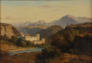 19th century continental school - Fortifications within a mountainous river landscape, oil on panel,