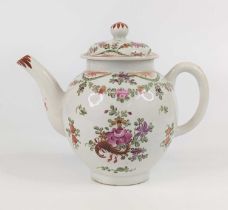 A Lowestoft porcelain teapot, circa 1780, of bullet form, enamel decorated in the manner of Thomas