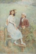 A. Buchanan - Courtship scene at a stile, watercolour, signed and dated 1918 lower right, 55 x 38cm