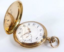 A continental 14ct rose gold keyless full hunter pocket watch, having a round white Arabic dial
