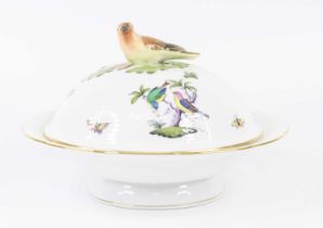 A Herend porcelain tureen, decorated in the Rothschild Bird pattern, the lid surmounted with a