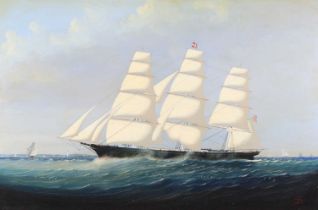 Anthony Skuse (20th century) - The clipper Sovereign of the Seas off New Bedford, oil on panel,