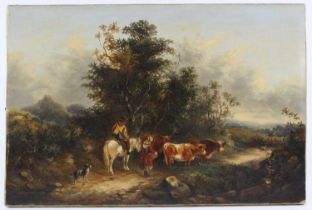 19th century continental school - Heading for home, couple with grey horse and cattle in a