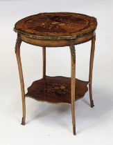 A circa 1900 rosewood and marquetry inlaid and brass bound two-tier occasional table of shaped
