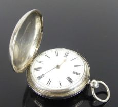 A mid Victorian silver keywind full hunter pocket watch, having a round white Roman dial and