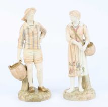 A pair of Royal Worcester blush porcelain figures, modelled as a Dutch fisherman and woman, each