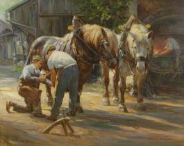 § Hans Nickel (1916-1987) - The farrier, oil on canvas, signed lower right, 79 x 99cm