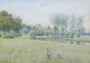 William Fraser Garden (1856-1921) - Children in a meadow with church beyond, watercolour, signed and