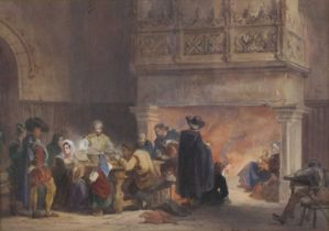 Louis Haghe (1806-1885) - Medieval interior scene with people feasting, watercolour, signed lower