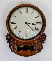 A Regency mahogany droptrunk wall clock, having an unsigned 12" convex white enamel Roman dial,