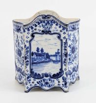 A Delft blue and white cachepot, 19th century, decorated with a canal scene and flowers, monogram to