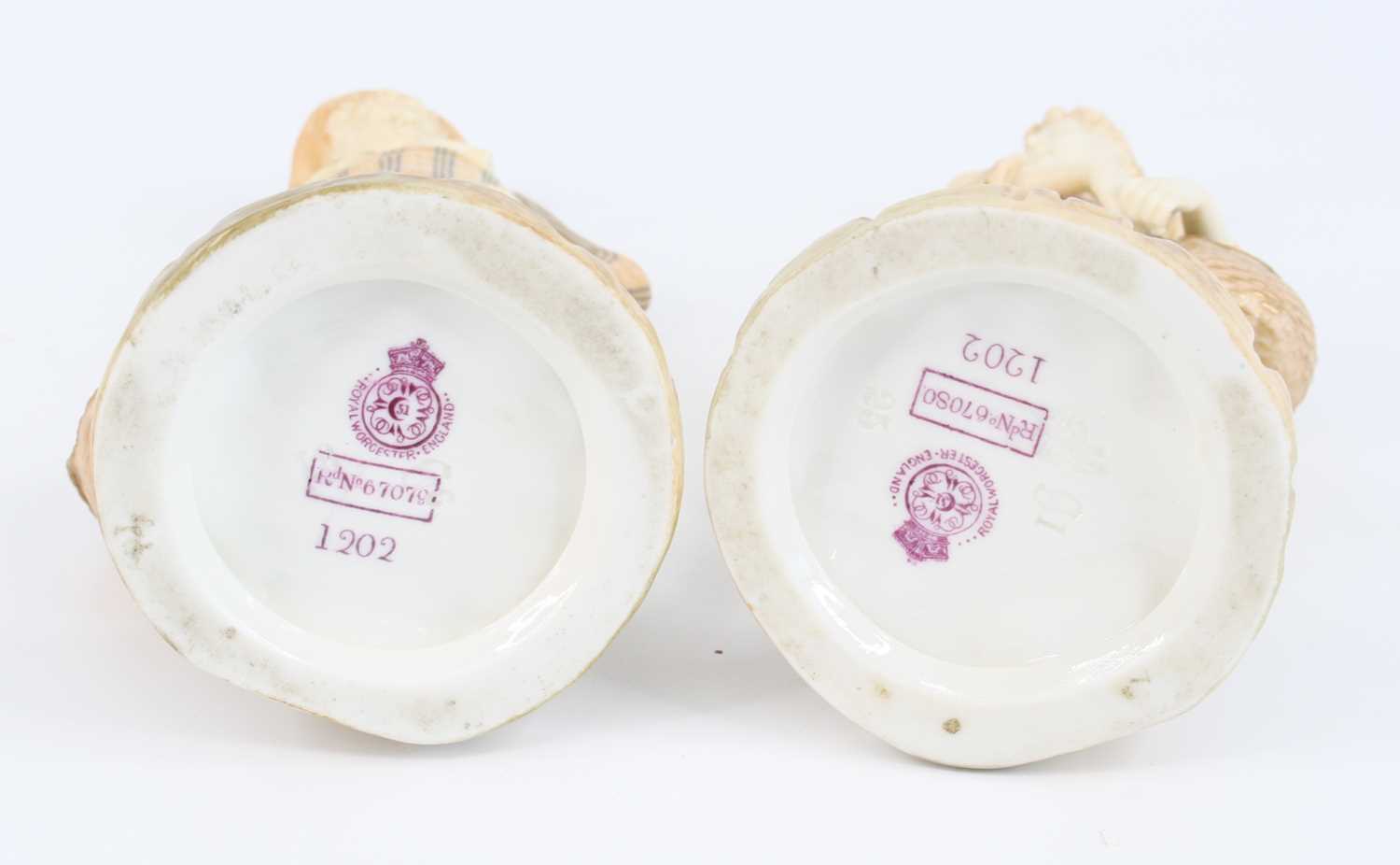 A pair of Royal Worcester blush porcelain figures, modelled as a Dutch fisherman and woman, each - Image 3 of 3