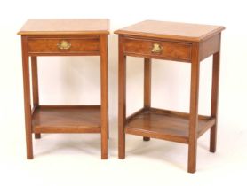 A pair of burr elm and burr yew cross banded lamp tables, each with further boxwood and ebony