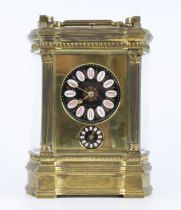 A late 19th century French lacquered brass carriage clock, with alarm, as retailed by J.G. Gaupp &