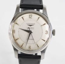 A gents Longines stainless steel automatic watch, having a round silver quarter Arabic dial and