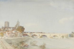 § Francis Russell Flint (1915-1977) - Avignon bridge and Papal palace, watercolour, signed lower