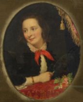 Late 19th century school - Portrait of a young woman in her boudoir, wearing a garnet bracelet,