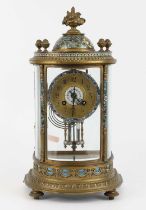 A late 19th century French lacquered brass and champleve enamel four-glass mantel clock, having