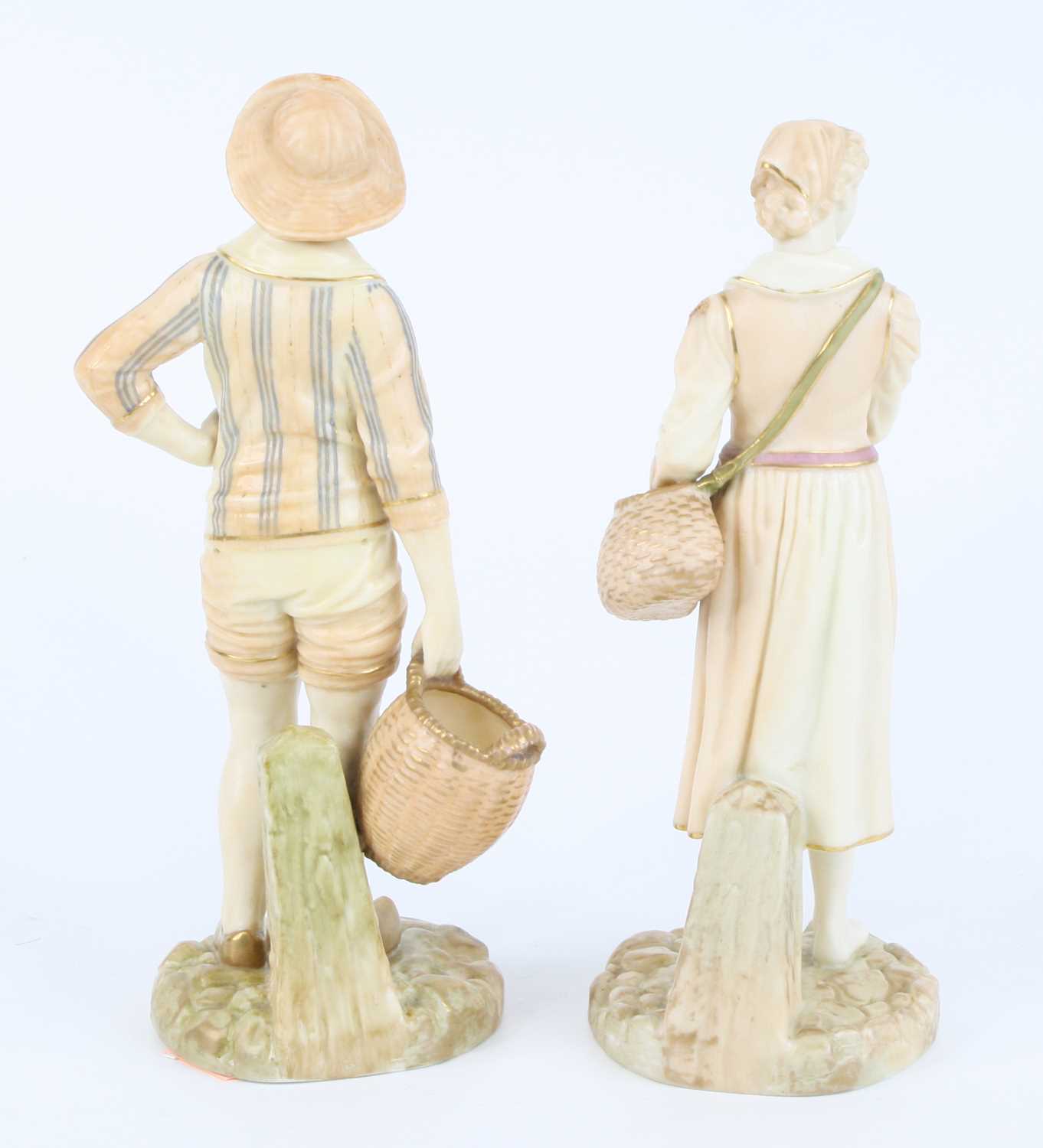 A pair of Royal Worcester blush porcelain figures, modelled as a Dutch fisherman and woman, each - Image 2 of 3