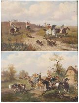 N. Bossow - Pair; The hunt party and Hunting wolves, oil on panel, signed lower left and lower