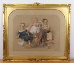 Sir John Gilbert (1817-1897) - Young siblings, interior portrait study, pencil and coloured