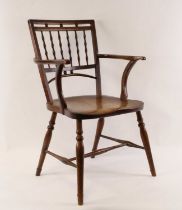 A Victorian elm seat and fruitwood Mendlesham chair, having an ebony strung spindle back with ball