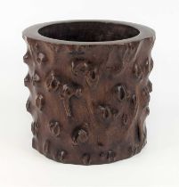 A Chinese huanghuali wood brush pot, carved in imitation burl, base lacking plug, h.16.5cm