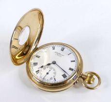 J W Benson of London, a 9ct gold keyless half hunter pocket watch, having a round white Roman dial